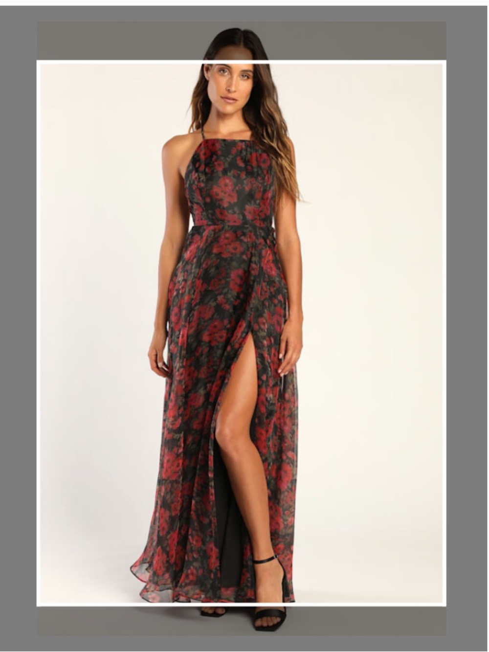 Lulus Dreamy Elegance Black Floral Print Organza Backless Maxi Dress
